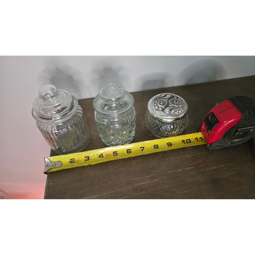 Vintage Clear Glass Vanity Jar Lot Lidded Apothecary Bathroom Canisters set of 3
